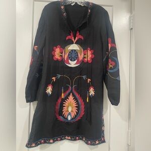 Zara Black Embroidered Boho Tunic Dress with Colorful Floral Motifs small